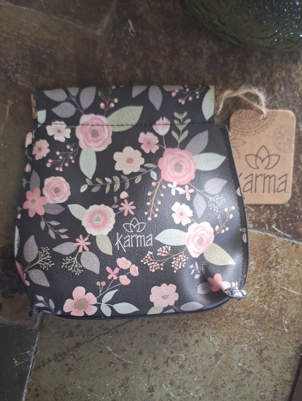 Karma Gifts Black Floral Botanical Coin Purse Pouch NWT